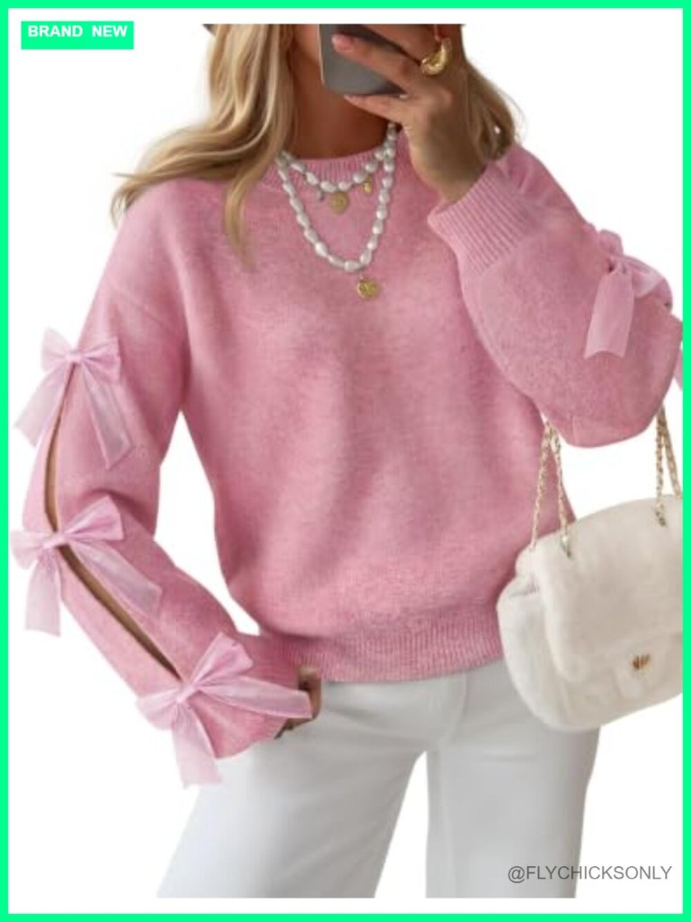 Oversized Chunky Knit Sweater Bow Long Sleeve Crew Neck Pullover